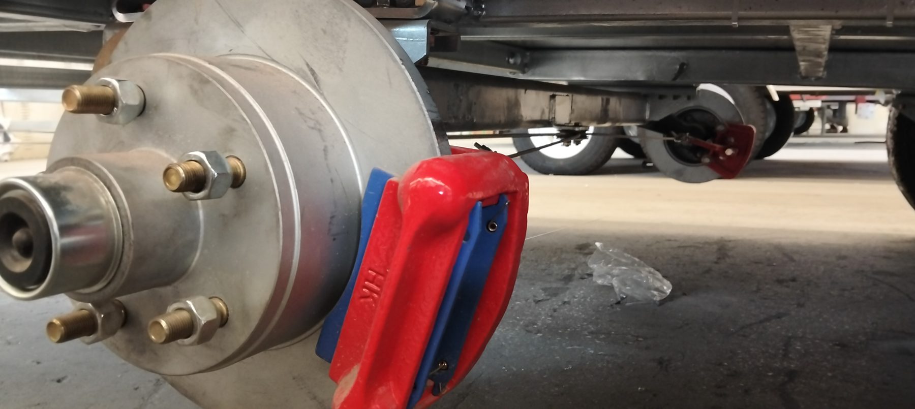 Trailer brake disc and hub close-up