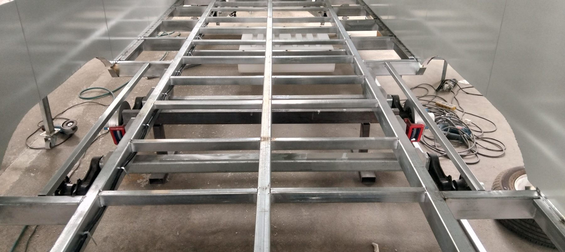 Galvanised trailer chassis frame in the factory